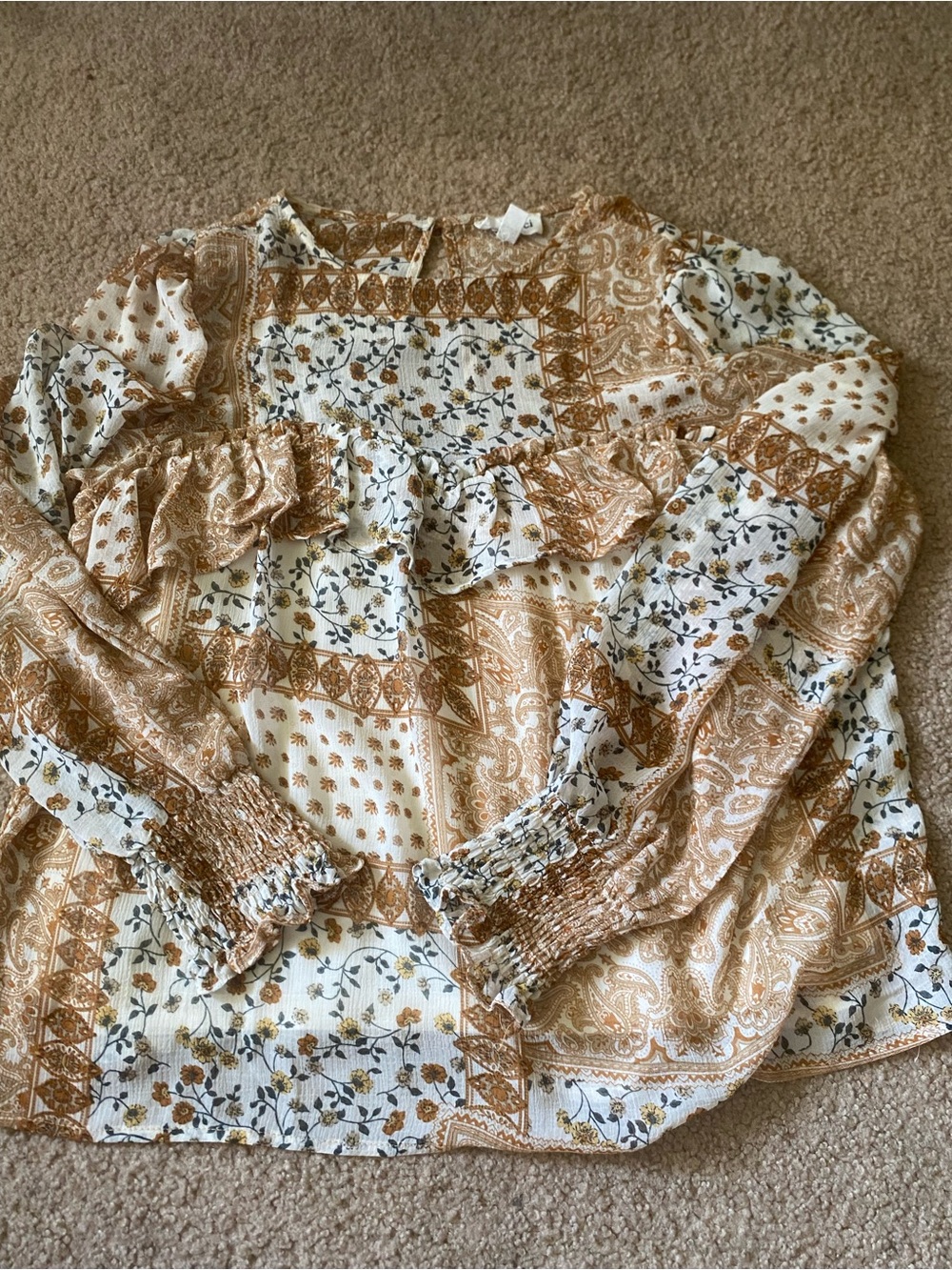 &merci Patchwork Paisley Floral Boho Blouse Ruffle Chest Medium